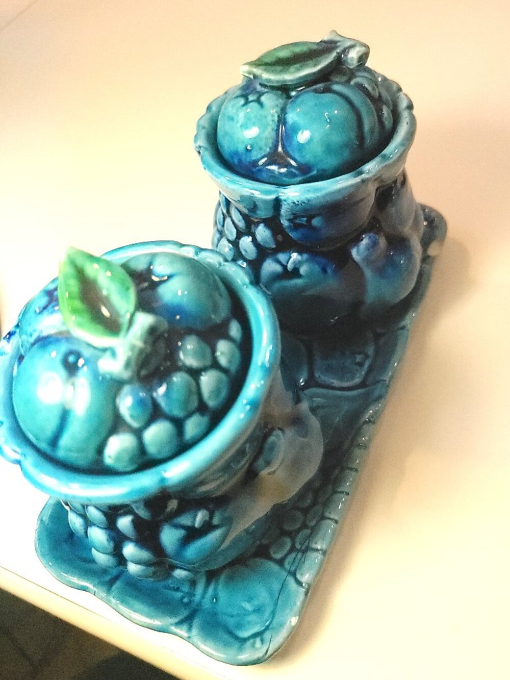Circa 1965 Inarco Japan Mood Indigo Blue Fruit Relief Condiment Set E3322 3pc